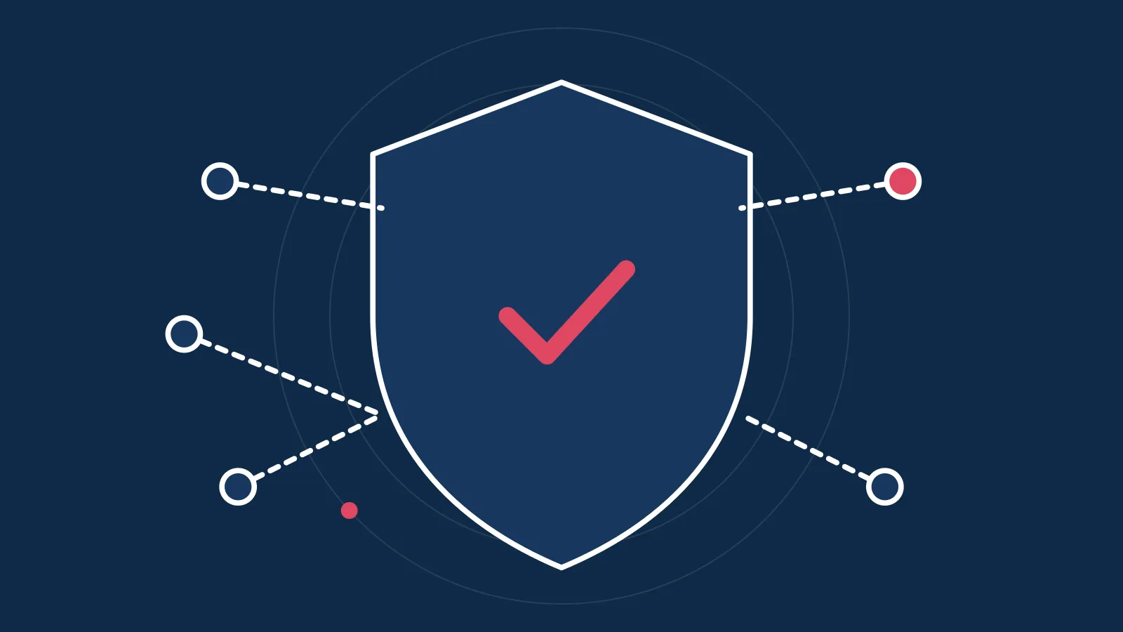 Illustration of a shield with a check mark and a flagged network node