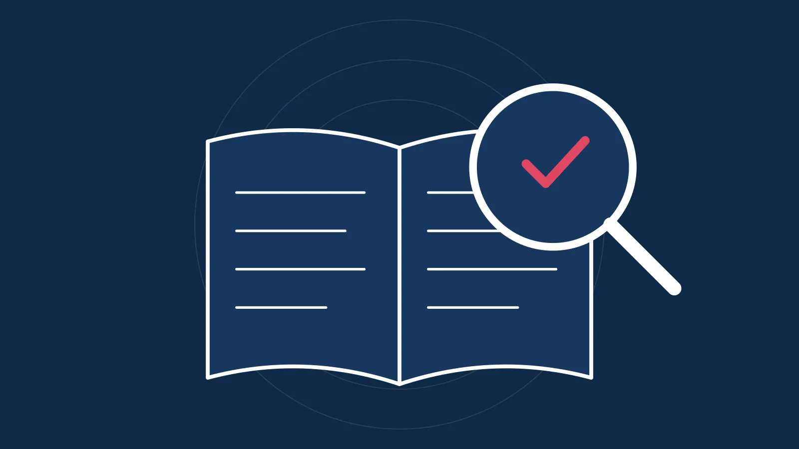 Illustration of an open ledger under a magnifying glass with a check mark