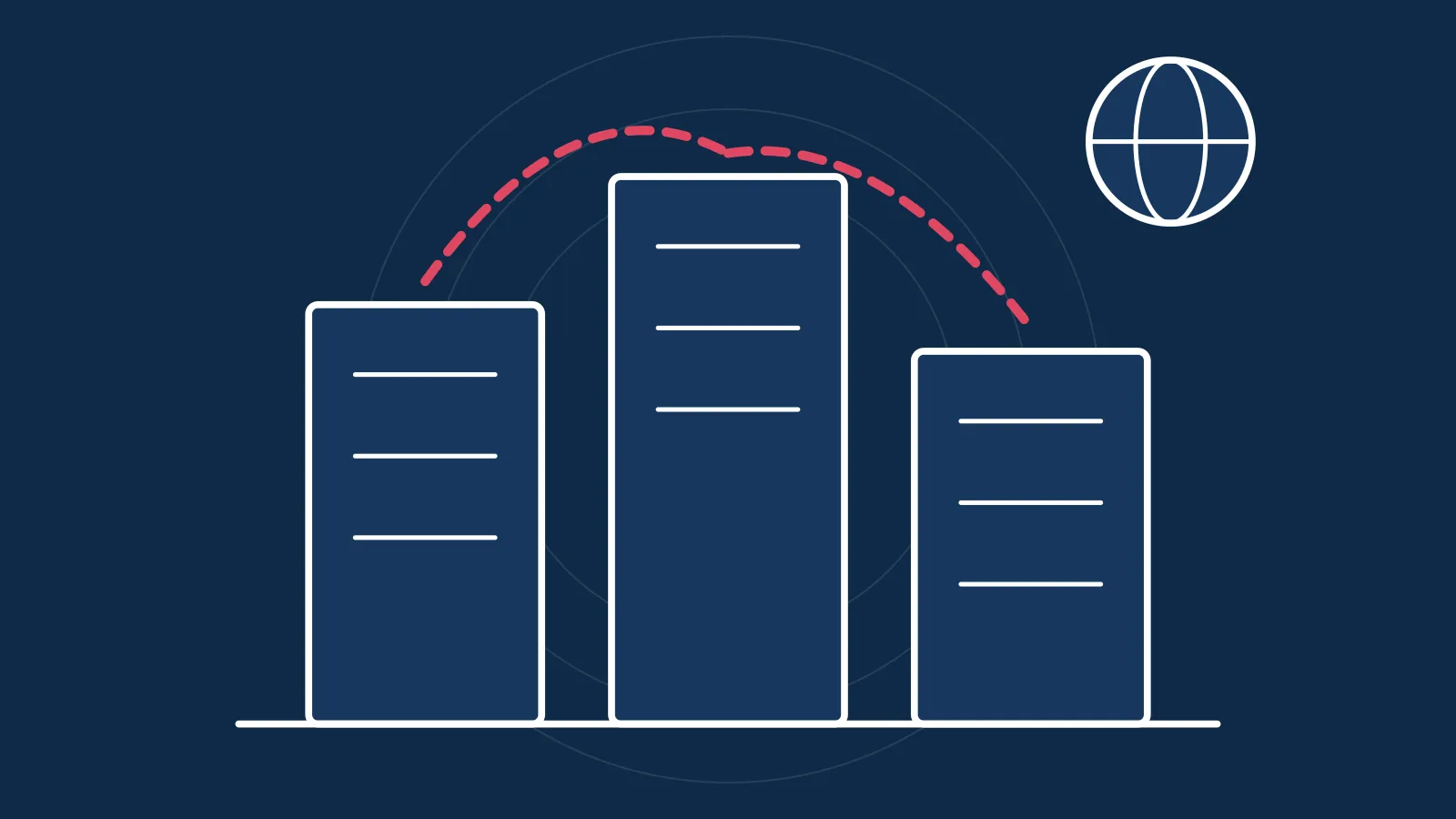 Illustration of connected office buildings and a globe