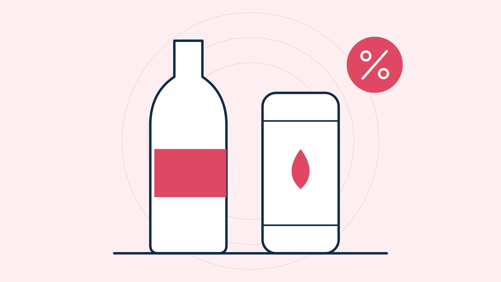 Illustration of a sweetened drink bottle and can with a percentage badge