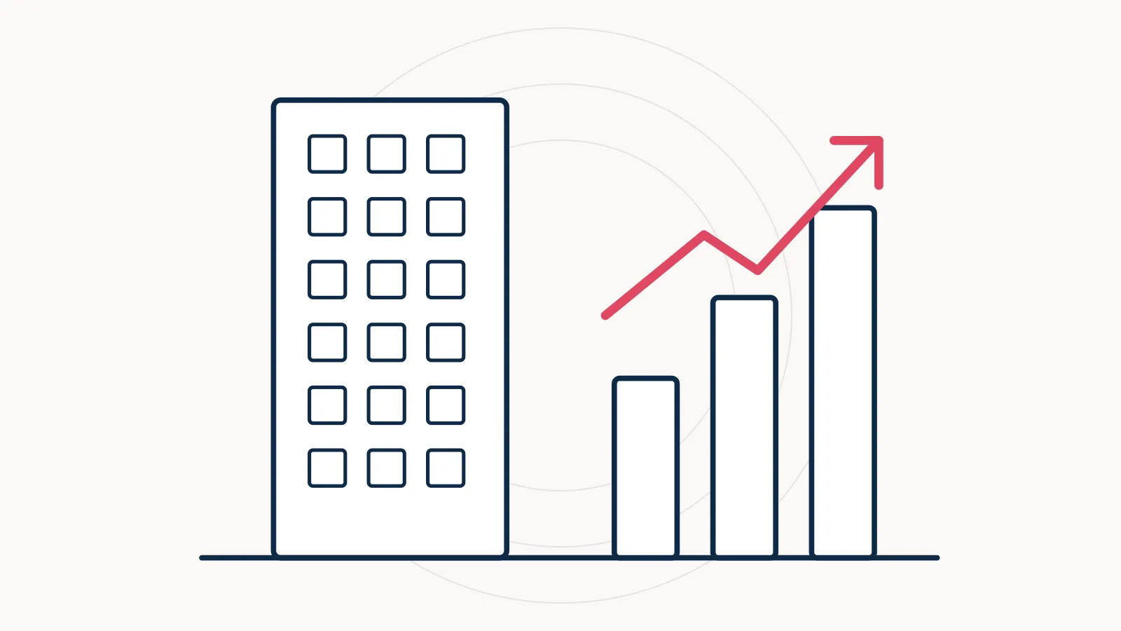 Illustration of an office building beside a rising bar chart