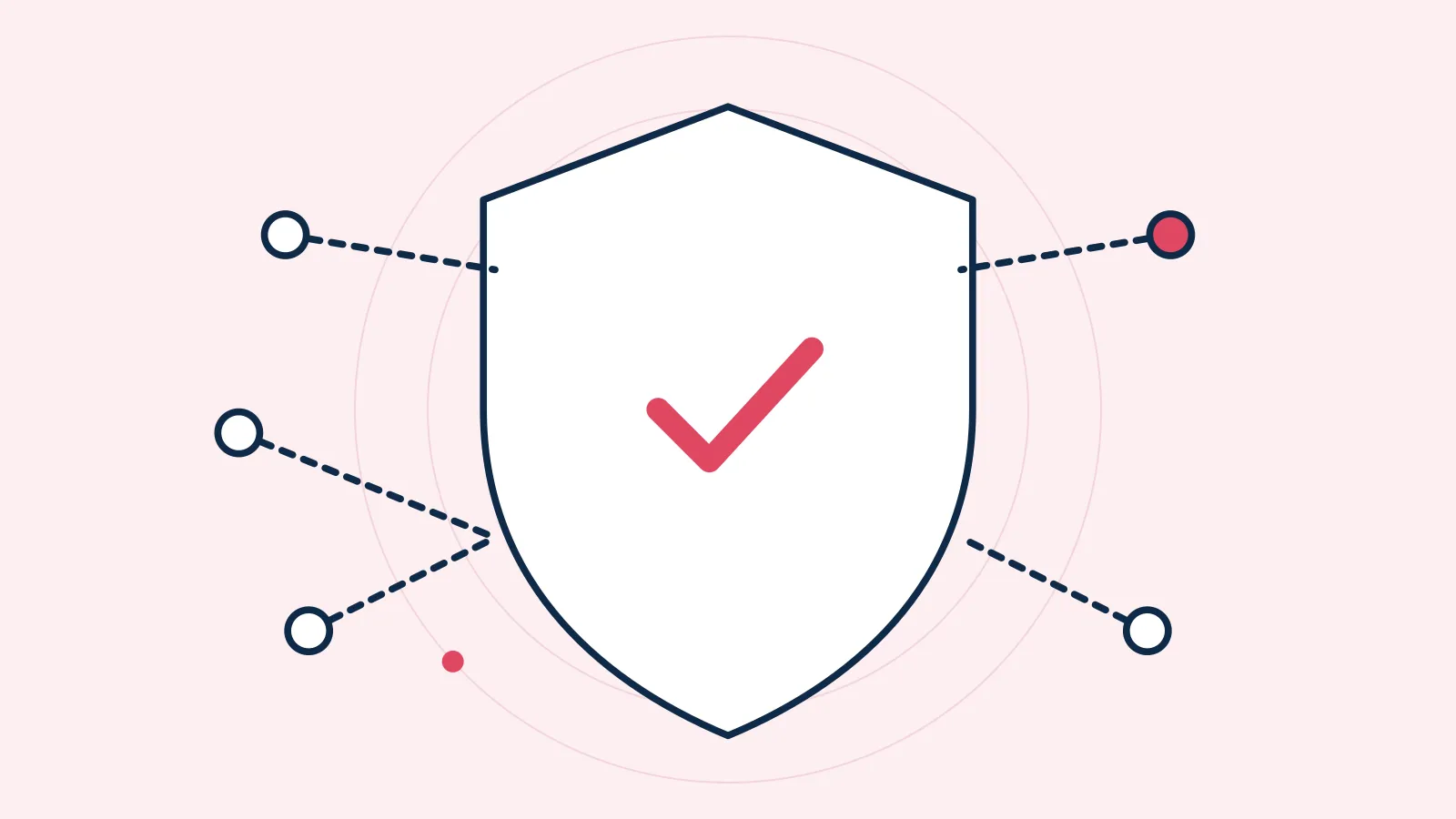 Illustration of a shield with a check mark surrounded by connected nodes