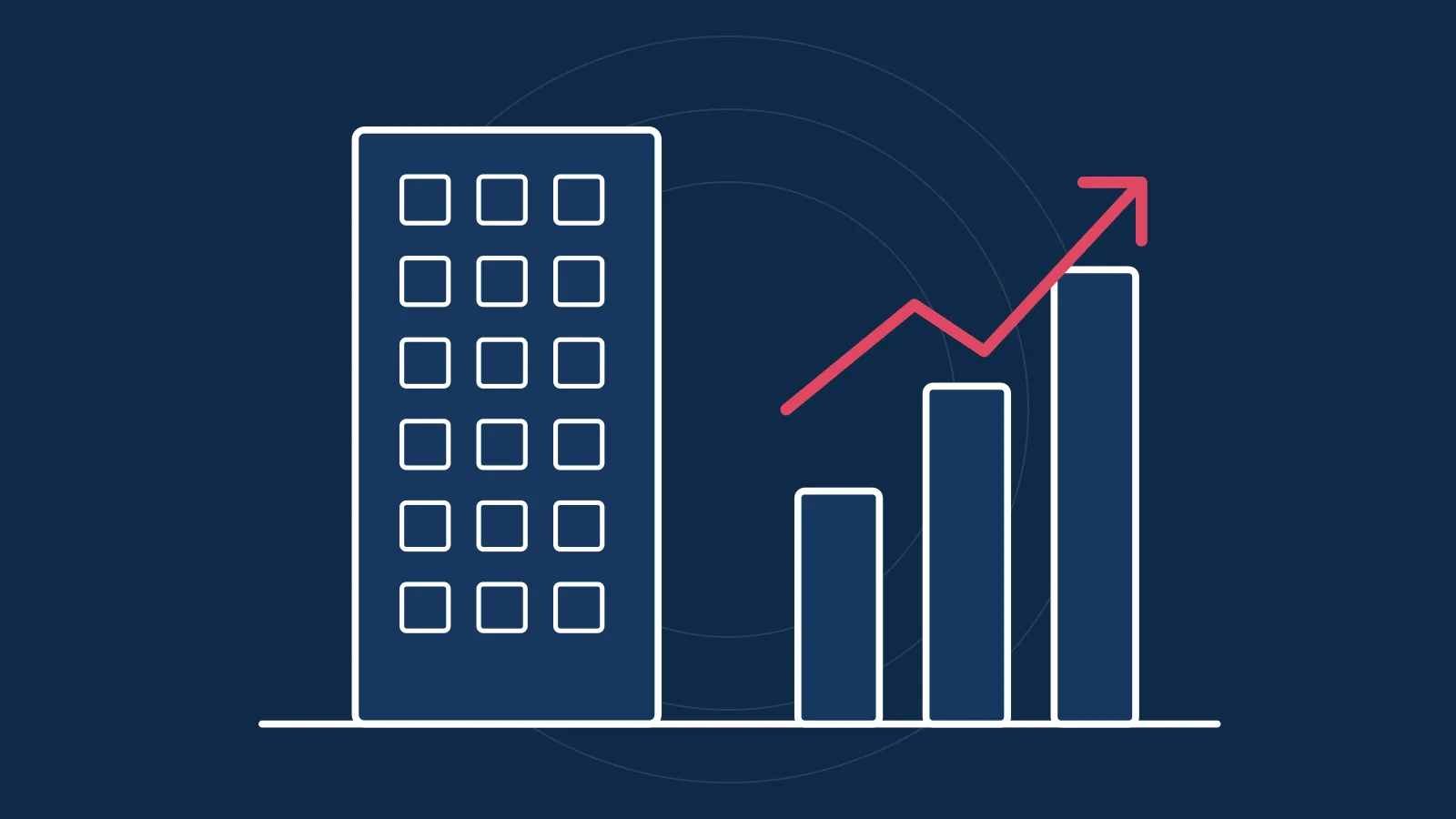 Illustration of an office building beside a rising bar chart