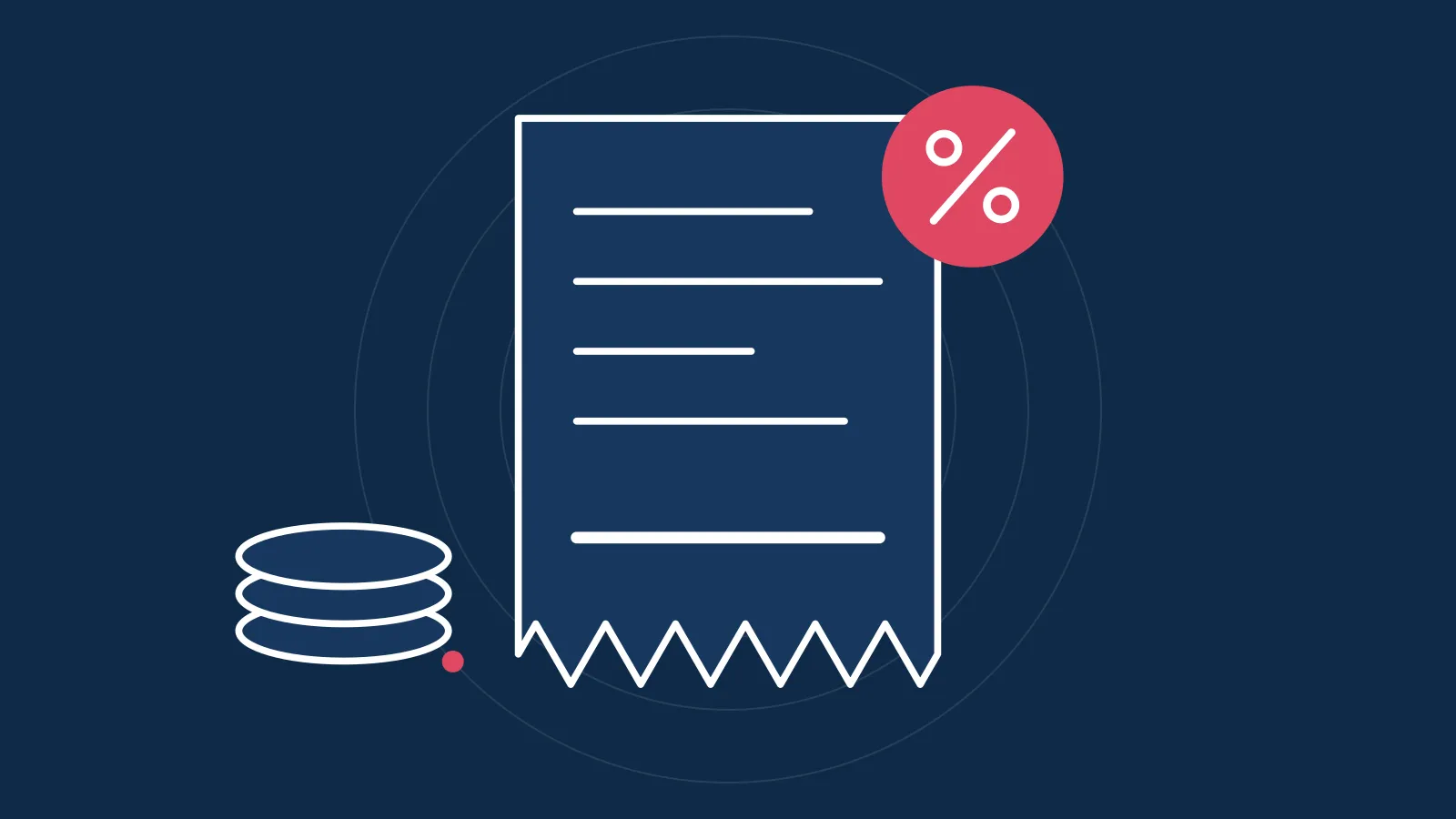 Illustration of a VAT receipt with a percentage badge and a stack of coins